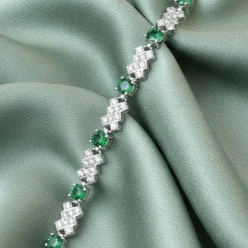 Geometric Emerald & Diamond Wedding Tennis Link Bracelet 14K White Gold Silver Women's Jewelry image 2