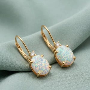 Fire Opal Oval Leverback Drop Dangle 14K Yellow Gold & Silver Handmade Women Earrings Her