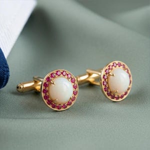 Luxurious Fire Opal & Ruby Minimalist Bullet Back Men's Cufflinks 14K Yellow Gold Silver Jewelry