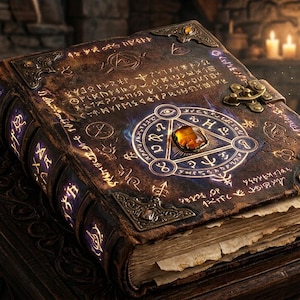 May include: A thick, weathered leather-bound book with a dark brown finish, featuring an intricate circular metallic emblem at the center set with an amber-colored stone. The cover is adorned with glowing runic symbols and metal corner accents.