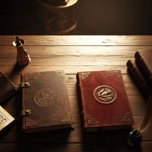 May include: Two antique leather-bound books with ornate metal clasps and corner accents sit on a wooden table. One book is brown with a pentagram, the other is red with a dragon emblem. A brass candle holder and inkwell are also present.