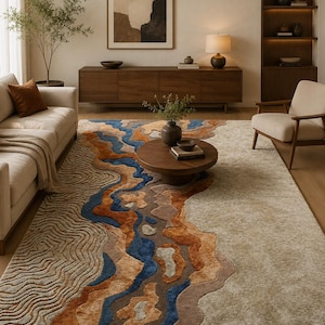Alfombra topográfica abstracta / Alfombra de lana y seda Tencel, tonos tierra. imagen 1