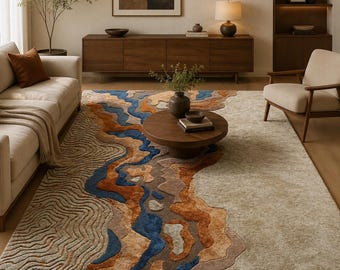 Abstract Topographic Area Rug | Tencel Silk Wool Carpet, Earth Tones