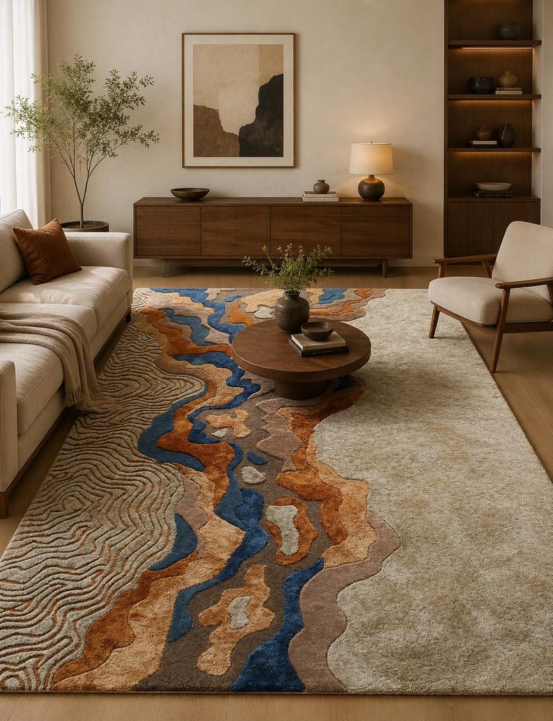 Alfombra topográfica abstracta / Alfombra de lana y seda Tencel, tonos tierra. imagen 1