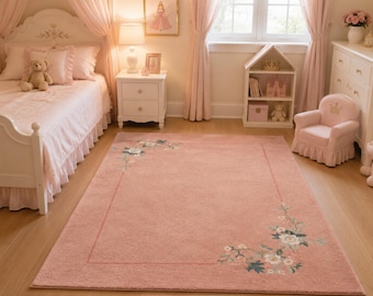 Blush Pink Floral Corner Border Rug, Soft Girls Nursery Carpet