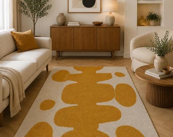 Modern Abstract Area Rug, Mustard Yellow Cream Scandinavian Carpet, Minimalist Living Room Tufted Rug