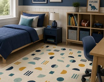 Hand-Tufted Wool Geometric Area Rug, Scandinavian Mid-Century Modern Carpet