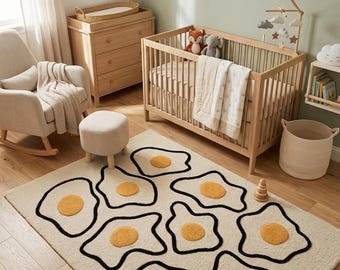 Hand Tufted Fried Egg Rug, Playroom Nursery Area Carpet, Neutral Baby Decor