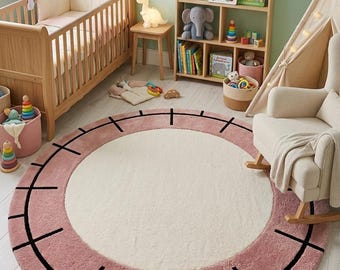 Hand Tufted Round Pink Ivory Kids Rug | Soft Modern Minimalist Baby Room Carpet