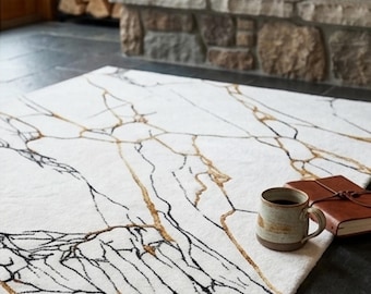 Hand Tufted Wool Blend Marble Area Rug, Abstract Gold Black Veining Carpet