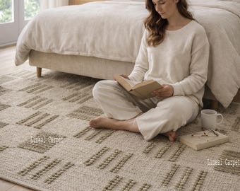 Hand Knotted Wool Area Rug, Beige Olive Geometric, Modern Textured Carpet