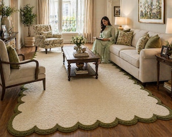 Cream Wool Scalloped Edge Rug, Hand Tufted Green Border Living Room Carpet