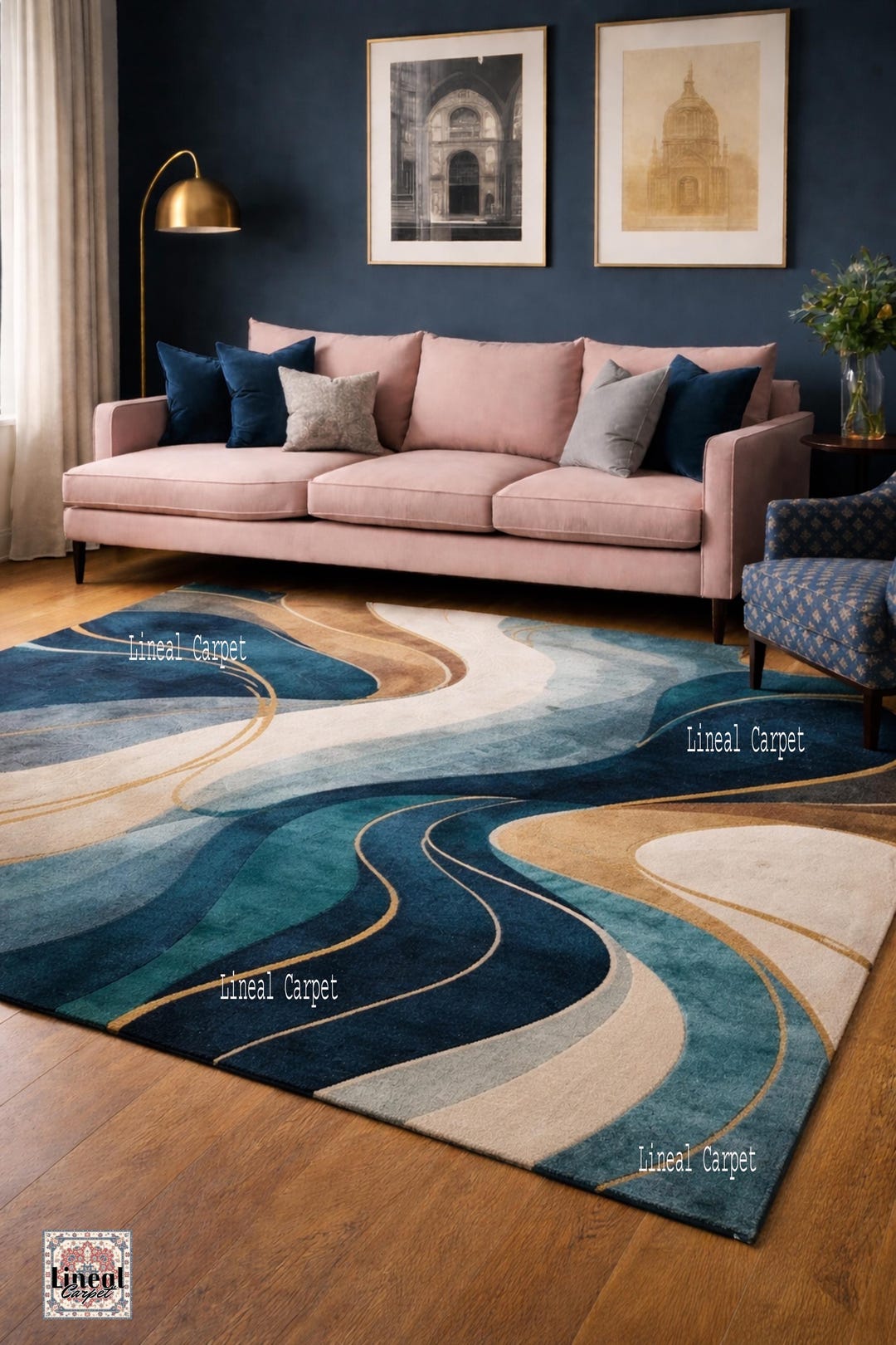 Hand Tufted Abstract Area Rug, Modern Wave Design, Blue Beige Carpet - Etsy