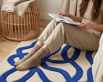 Handmade Royal Blue Abstract Loop Rug, Modern Ivory Tufted Carpet