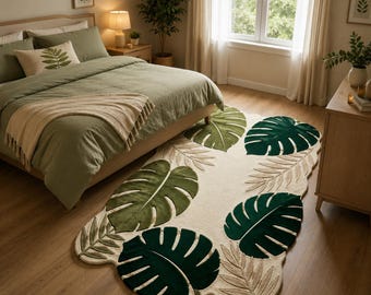 Hand Tufted Monstera Leaf Rug, Botanical Area Carpet, Modern Green Beige Home Decor