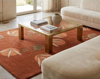 Hand Tufted Wool Botanical Rug, Mid Century Modern Ginkgo Leaf Carpet