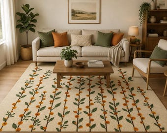 Hand Tufted Wool Rug, Botanical Floral Vine, Cream Orange Modern Carpet