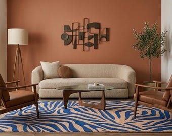 Hand Tufted Wool Zebra Area Rug, Abstract Blue Animal Print Carpet