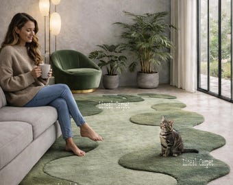 Alfombra de lana tejida a mano, forma orgánica abstracta verde, moderna