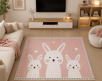 Bunny Area Rug – Pastel Pink Cartoon Nursery Carpet, Soft Playroom Decor