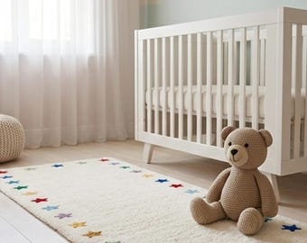 Hand Tufted Star Border Nursery Rug, Cream Kids Room Carpet