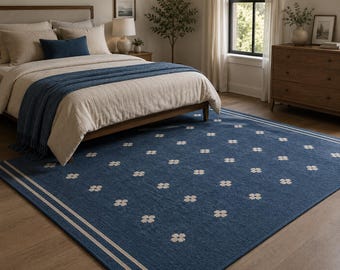Handmade Tufted Wool Area Rug, Navy Blue Floral Scandinavian Carpet