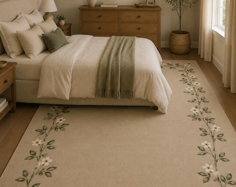Floral Border Area Rug, Botanical Vine Carpet, Neutral Beige Cottagecore Floor Rug