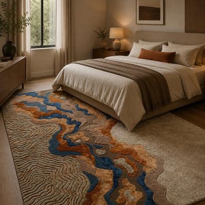 Puede incluir: Una alfombra rectangular con un patr&oacute;n topogr&aacute;fico texturizado que presenta bandas onduladas y superpuestas en tonos azul profundo, naranja quemado, bronceado y beige. El dise&ntilde;o incorpora l&iacute;neas en relieve y secciones lisas.