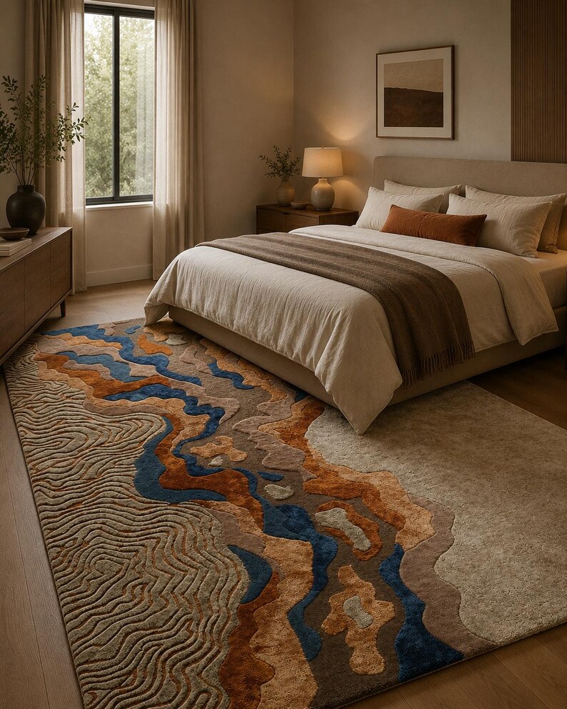 Puede incluir: Una alfombra rectangular con un patr&oacute;n topogr&aacute;fico texturizado que presenta bandas onduladas y superpuestas en tonos azul profundo, naranja quemado, bronceado y beige. El dise&ntilde;o incorpora l&iacute;neas en relieve y secciones lisas.
