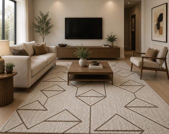 Hand Tufted Geometric Wool Area Rug | Neutral Beige Brown Scandinavian Carpet