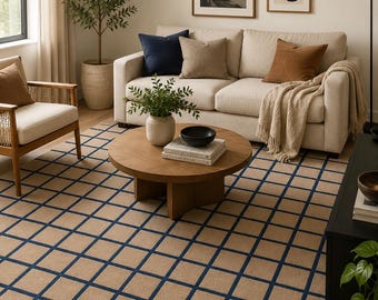 Hand Tufted Wool Rug, Beige Navy Geometric Checkered Living Room Carpet
