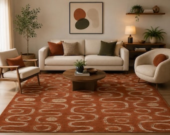Terracotta Abstract Wool Rug | Handmade Tufted Geometric Mid Century Carpet