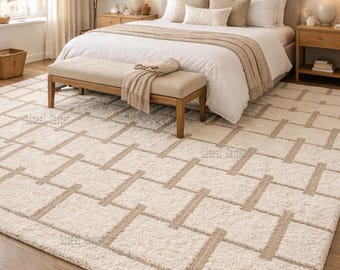 Hand Knotted Wool Area Rug, Ivory Beige Geometric Carpet, Modern Neutral Living Room Plush