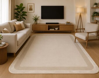 Neutral Area Rug – Soft Beige Modern Carpet with Layered Border – Scandinavian Living Room Rug