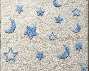 Handmade Tufted Wool Kids Rug, Colorful Star Nursery Carpet