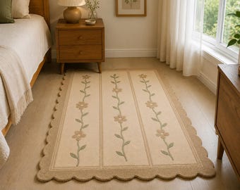 Floral Border Area Rug, Botanical Vine Carpet, Neutral Beige Cottagecore Floor Rug