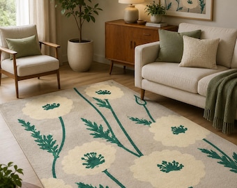 Hand Tufted Wool Floral Area Rug, Botanical Scandinavian Living Room Carpet