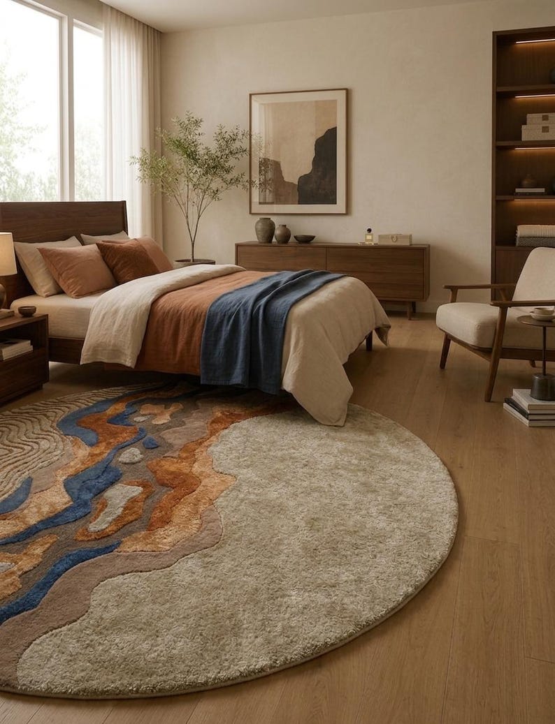 Puede incluir: Una alfombra circular grande con un dise&ntilde;o texturizado y multicolor que presenta patrones abstractos y ondulados en tonos beige, canela, naranja &oacute;xido y azul profundo, contrastando con una secci&oacute;n lisa, afelpada y beige claro a la derecha.