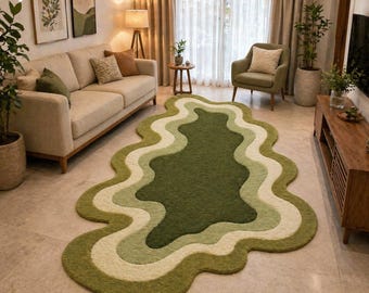 Green Abstract Wool Rug, Modern Organic Irregular Wavy Carpet