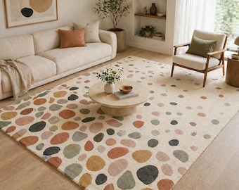 Hand Tufted Wool Area Rug, Abstract Pebble Design, Multicolor Neutral Living Room Carpet
