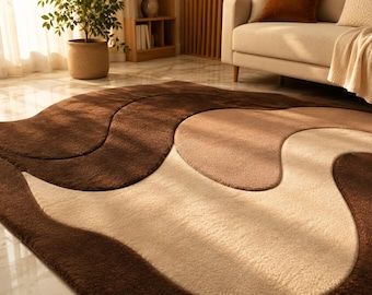 Hand Tufted Wool Rug, Brown & Beige Abstract Organic Shape