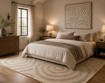Hand Tufted Abstract Geometric Area Rug, Neutral Beige Cream Scandinavian Carpet