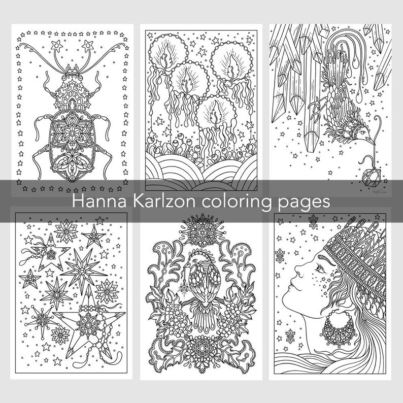May include: Black and white Hanna Karlzon coloring pages. The image shows six detailed illustrations, including a beetle, candles, crystals, stars, a bird, and a woman's profile. Each design is intricate and surrounded by decorative borders.