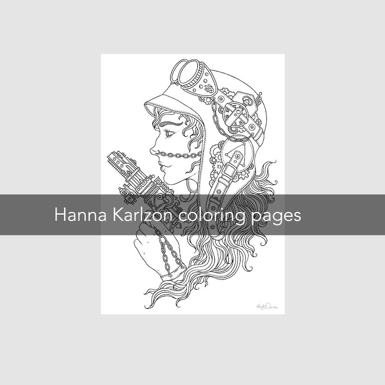 May include: A black and white line drawing of a woman wearing a steampunk helmet and holding a gun. The woman has long, flowing hair and is looking to the side. The drawing is detailed and intricate, with many gears and other mechanical elements.