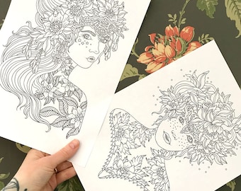 Pagine da colorare in PDF, tatuaggi di fiori, set di 2 pagine