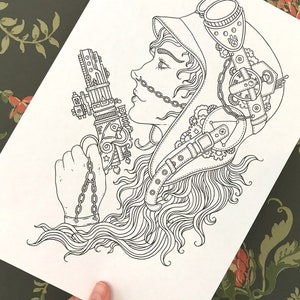 May include: A black and white line drawing of a woman wearing a steampunk helmet with intricate gears and a chain attached to her chin. She is holding a detailed, mechanical weapon in her hand.