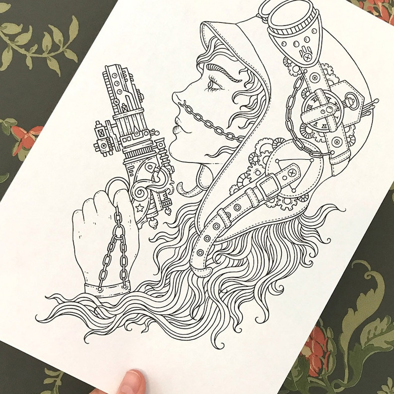 May include: A black and white line drawing of a woman wearing a steampunk helmet with intricate gears and a chain attached to her chin. She is holding a detailed, mechanical weapon in her hand.