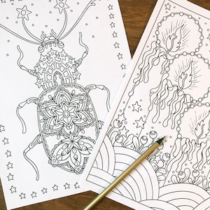 May include: Two detailed black and white coloring pages featuring intricate designs. One page showcases a stylized beetle with star and floral patterns. The other depicts candles and a rainbow. A gold-colored pencil rests on the pages.