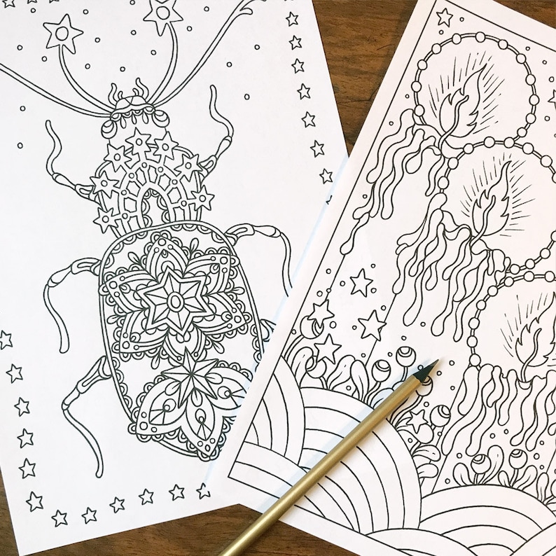 May include: Two detailed black and white coloring pages featuring intricate designs. One page showcases a stylized beetle with star and floral patterns. The other depicts candles and a rainbow. A gold-colored pencil rests on the pages.
