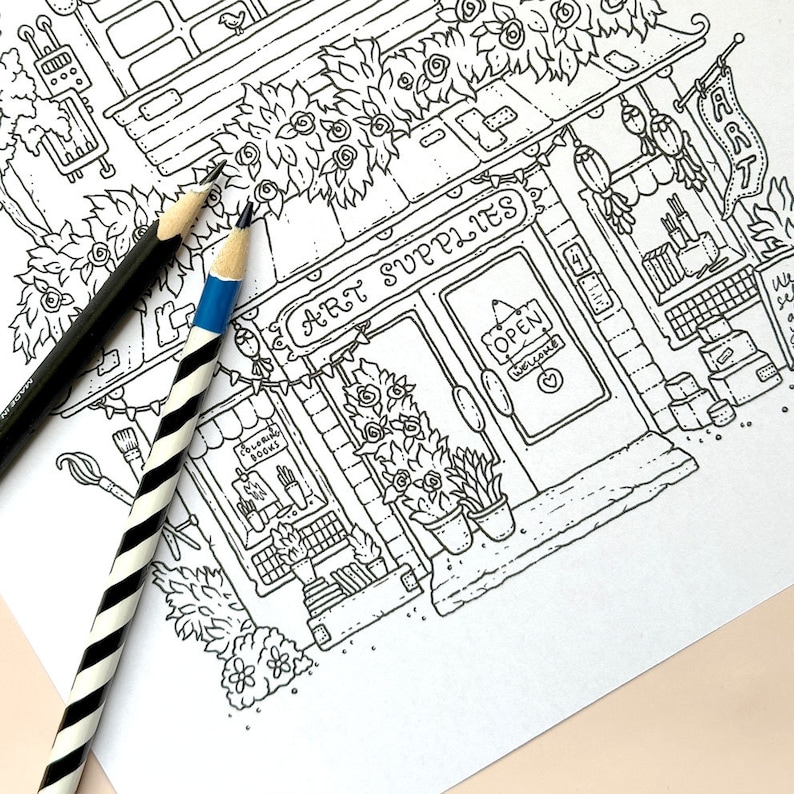 Puede incluir: Un dibujo en blanco y negro de una tienda con las palabras "Art Supplies" sobre la puerta. La puerta est&aacute; abierta y hay un cartel que dice "Open" colgado encima. Hay flores y plantas en macetas fuera de la tienda.